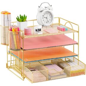 Lavatino 6 Tray Paper Organizer Letter Tray with Drawer - Mesh Desk File Organizer, Paper Sorter Organizer for Office, Home or School File Folder Holder - Black