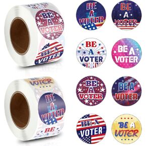Tenceur 2 Rolls/ 1000 Pcs Be a Voter Stickers 1.5 Inch Vote Stickers White Red Blue Round Self Adhesive Labels 8 Designs Patriotic Stickers for 2024 Election Party Decorations Voting Decorations