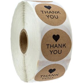 1" Round Kraft Thank You Heart Stickers / 1,000 Thanks Labels Roll/Brown Kraft Love Gratitude Envelope Seals