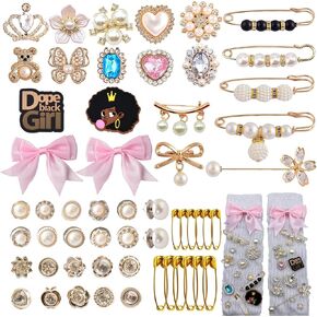 Charms for Socks Safety Pin - 55 Pcs Junk Socks Charms Brooches and Pins for Women Jewelry Gold Pearl Rhinestone for Shoe Clothes Hat
