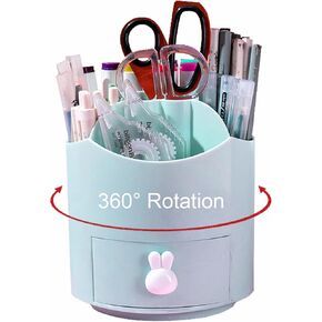 Desk Pencil Pen Holder with Small Drawer, 5 Slots 360° Degree Rotating Desk Organizers and Accessories, Cute Pencil Cup Pot for Office, School, Home, Art Supply (Blue)