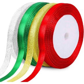Christmas Ribbons for Crafts, Satin Ribbons Glitter Ribbon for Gift Wrapping,Christmas Tree Decoration, Christmas Crafts Supplies for Christmas Bows,Gold Ribbon Red Ribbon Green Ribbon Silver Ribbon