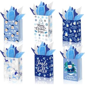 AUSHENKE 12 Pack Blue Christmas Gift Bags, Small Christmas Gift Bags With Tissue paper, Christmas Bags for Gifts, 6 Designs Christmas Kraft Paper Bags, Xmas Gift Bags with Handles