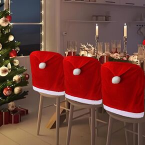 VADOO Christmas Chair Covers, 4pc Santa Hat Dining Chair Slipcovers Xmas Chair Back Covers with 4 Pcs Silverware Holders Dinner Table Decorations for Christmas Holiday Festival Party