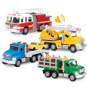 Driven by Battat – 4 Emergency Vehicle Toys – 9" Ambulance, 9" Police Car SUV, 7.5" Fire Truck, 8" Helicopter – Lights & Siren – Gift for Toddlers&Kids 3 Years +
