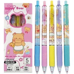 5 Pcs Cartoon Retractable Pens Gel Ink Pens Cute Bear Pen 0.5mm Black Ink Writing Pen Office School Supplies for Women Girls (Bear)