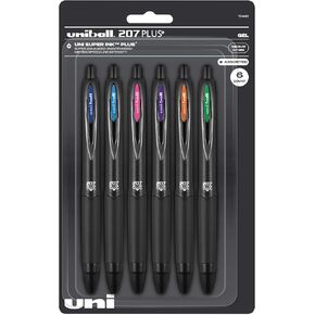 uni-ball® 207 Plus+ Retractable Gel Pens, Medium Point, 0.7 mm, Black Barrel, Assorted Ink, Pack Of 6 Pens