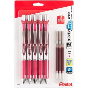 Pentel EnerGel 0.7 mm Liquid Gel Ink Pens - Pack of 5 Pink Deluxe RTX Energel Pens with 3 Refills