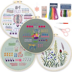 4 Sets Embroidery Stitches Practice Kit, Embroidery Kit for Beginners Adults Stamped Cross Stitch Sets Embroidery Kits, Embroidery Starter Kit Beginner Embroidery Kit with Floral & Funny Pattern