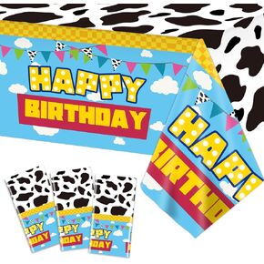 3 Pieces Cartoon Story Birthday Party Tablecloth Plastic Cow Pattern Printed Tablecover Blue Sky White Clouds Table Cloths Cow Theme Party Decoration for Birthday Boy Girl Baby Shower 108 x 54 Inch