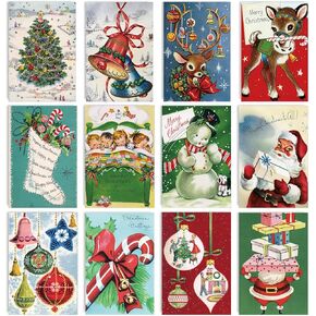 AnyDesign 48 Pack Christmas Holiday Greeting Cards Assortment Vintage Watercolor Christmas Blank Note Cards with Sealing Stickers Envelopes for Xmas Party Invitation, 12 Design, 4 x 6 Inch