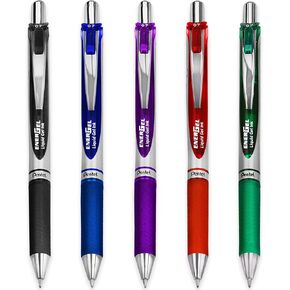 Pentel EnerGel XM BL77 - Retractable Liquid Gel Ink Pen - 0.7mm - 54% Recycled - Black, Blue, Red, Green & Violet Ink - Pack of 5