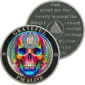10 Year Colorful Head Bone Sobriety Coin | AA Chip Medallion with Serenity Prayer | Anniversary Token for Men & Women in Recovery | AA Sobriety Gifts Medallion for Month & Year Milestones