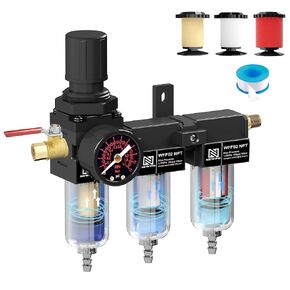 3/8" NPT Air Drying System with 2 Stage, Compressed Air Filter Regulator with Gauge,Semi-Auto Drain, Metal Bracket,5 Micron Brass Filter Cartridge
