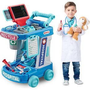 Doctor Kit for Toddlers 3-5 - Toddler Role Play Set with Costume, Stethoscope, Play Cart, and Accessories - Interactive Play Toy for Boys and Girls - Educational & Fun Nurse Kit（6602 Blue）