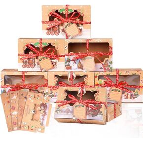 Christmas Biscuit Box 12 Packs with Window Kraft Paper - Large Festive Christmas Gift Box, Bakery Christmas Candy Box, Christmas Party Supplies, Biscuit Container, Snack Box with Ribbon and Label
