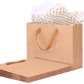 OUTUXED 15pcs Brown Gift Bags with Tissue Paper, 12.5"x 4.5"x 11" Large Paper Gift Bags with Ribbon Handles Gift Bags Retail Bags for Party, Birthday, Shopping, Business, Merchandise