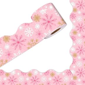 AnyDesign 66Ft Christmas Bulletin Board Border Gold Pink Xmas Winter Snowflake Rolled Self Adhesive Border Trim Stickers for Classroom Office Holiday Party Decor