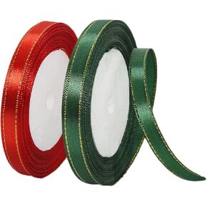Christmas Ribbon, 3/8 Inch Red Dark Green Satin Ribbon for Christmas Decorations, 50 Yards Gold Edges Fabric Ribbon for Xmas Trees, Ornaments, DIY Crafts, Wreaths Bows and Gift Packaging