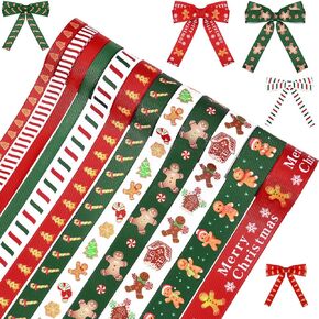 12 Rolls 60 Yards Christmas Gingerbread Grosgrain Ribbon Gingerbread Man and Candy Cane Ribbon for Christmas Craft Gift Wrapping DIY Craft Bows Wreath Decorations