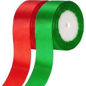 2 Rolls 1-1/2 Inch (40mm) x 25 Yards Wide Stain Ribbon Double Face Polyester Satin Ribbon Red Green Fabric Ribbon Solid Satin Ribbon for Gift Wrapping Christmas Crafts Bow Making Party Decoration