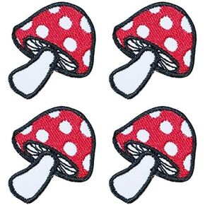 4 PCS Mushroom Patches Iron on Embroidered Patch Saw On/Iron On Applique for Jeans, Hats, Bags (Red)