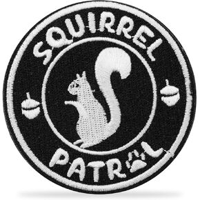 Squirrel Patrol Patch, Magic Adhesive Embroidered Squirrel Patch with Hook and Loop Funny Animal Applique Iron on Squirrel Sew On Patch for Backpacks Hats Dog Vests Dog Harness(Black, White)