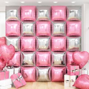 Hot Pink Square Foil Balloon Wall,25Pcs Double Sided Balloon Backdrop Helium Mylar Balloon Tunnel Arch Garland Kit for Birthday Bridal Anniversary Baby Shower Party Decorations