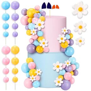 Threehoney 63 Pcs Blue Dog Cake Toppers with Balls Cake Picks and Flowers for Birthday Decoration Groovy Pastel Cupcake Inserts Hippie Wedding Party Supplies