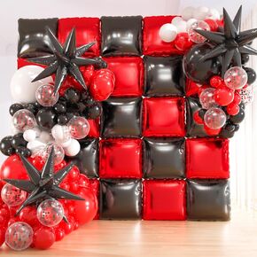 25pcs Black and Red Foil Square Balloon Backdrop Wall with 146pcs Black Red White Balloons Arch, Double Sided Balloon Tunnel with 3 Star Balloons for Racing Car Birthday New Year Party Decor