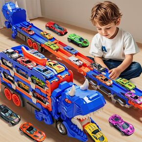 City Track Set Toys for Boys, Transforms into Dinosaur Truck Kids Toys with 12 Cars, Ultimates Garage Cars Toys, Race Track for Toddlers 3-5, Kids Birthday Gifts 3 4 5 6 Years Old