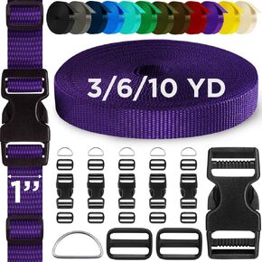 TECEUM Buckles & Strap Kit – 1" Dark Purple Nylon Webbing 6 (yd) – 6 Heavy Duty Adjustable Plastic Buckles – 12 Tri-Glide Slide Clips – 3 Metal D-Ring – Ideal Straps for Arts Crafts Outdoors Indoors