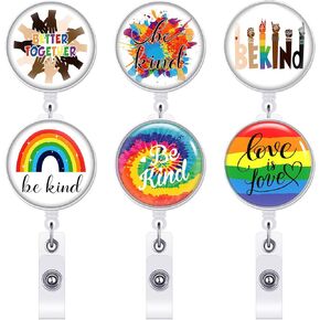 6 Pack Pride Badge Reels Be Kind Badge Reels Retractable Rainbow Badge Reels Alligator Clip Badge Scroll Funny Holder for Student Teacher Office School Worker Nurse ID Name Decoration Cute
