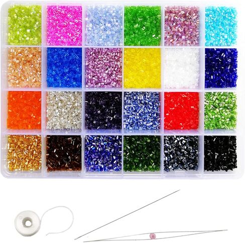 Size 11/0 Crafts Glass Bugle Beads 2.2x2mm Bugle Beads Beading Needles with Organizer Box for Jewelry Making (24 Assorted Multicolor Set, Total About 21600pcs) in Kuwait