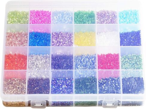 Size 11/0 Crafts Glass Bugle Beads 2.2x2mm Bugle Beads Beading Needles with Organizer Box for Jewelry Making (24 Assorted Multicolor Set, Total About 21600pcs) in Kuwait