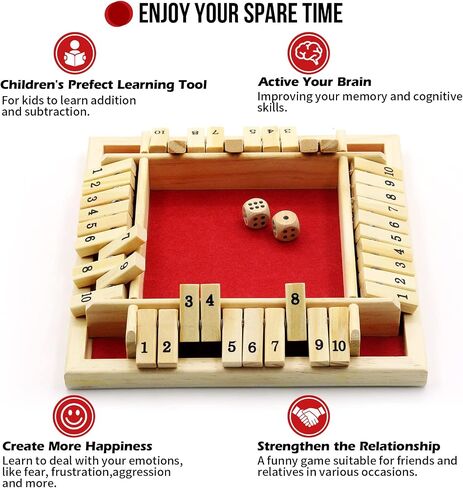 Dice Game Shut The Box Game Wooden Board Game with 10 Dices,a Classic 4 Sided Family Math Game for 2-4 Players Dice Board Game Shut-The-Box(Kids or Adults) in Saudi Arabia