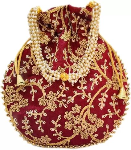 Potli Bag For Women Ethnic Designer Embroidery Work Batwa Pearls Handle With Intricate in Kuwait
