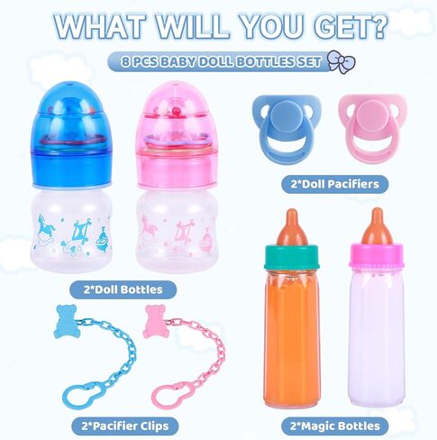 BABESIDE Baby Doll Bottles with Disappearing Milk and Juice Magic Bottles, Magnetic Pacifiers and Pacifier Clips Chain for Reborn Baby Dolls Girls & Boys, 8 Pcs Baby Doll Accessories Set in Saudi Arabia
