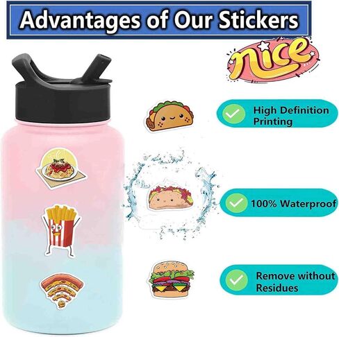50pcs Cute Food Stickers for Kids Funny Food Water Bottle Stickers for Teens Adults Scrapbook Stickers for Students Vinyl Stickers for Water Bottle Laptop Skateboard(Food) in Saudi Arabia
