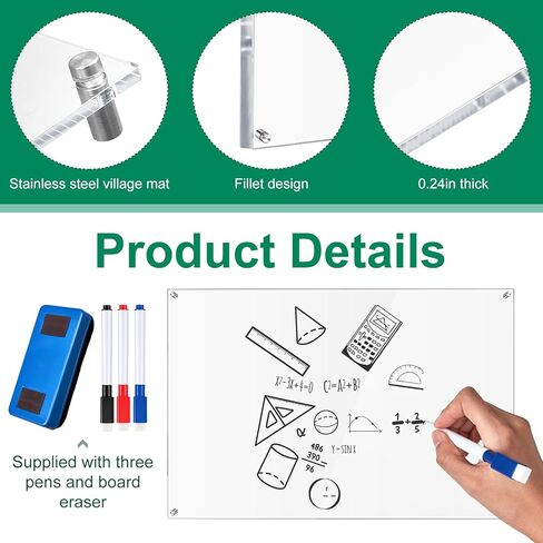 36 x 24 Inch Acrylic Dry Erase Board Non Magnetic Floating Dry Erase Board Frameless Hanging Whiteboard for Wall Blank Acrylic White Board with Markers and Eraser for Office School Family in Kuwait