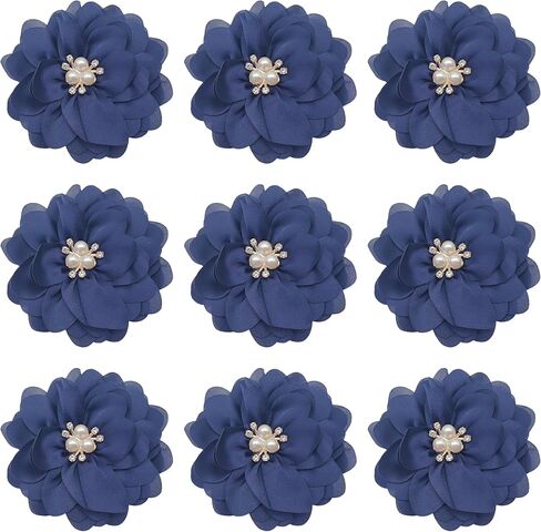5pc Chiffon Flower Rhinestone Pearl Flat-Back Chiffon Flower Sewing Fabric Appliques for Craft Projects Headpiece Appliques 3Inch Navy Blue in Saudi Arabia