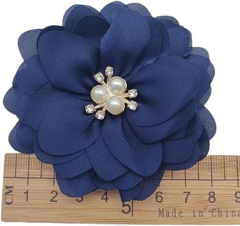5pc Chiffon Flower Rhinestone Pearl Flat-Back Chiffon Flower Sewing Fabric Appliques for Craft Projects Headpiece Appliques 3Inch Navy Blue in Saudi Arabia