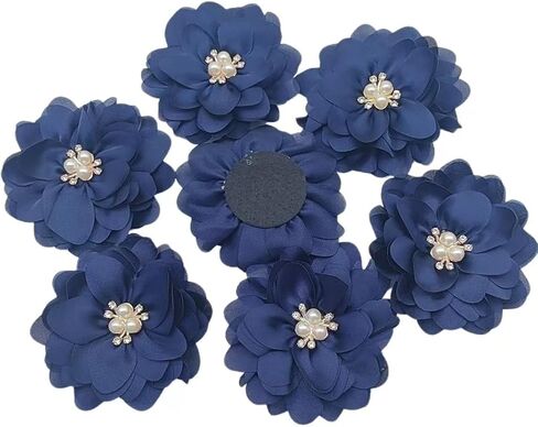 5pc Chiffon Flower Rhinestone Pearl Flat-Back Chiffon Flower Sewing Fabric Appliques for Craft Projects Headpiece Appliques 3Inch Navy Blue in Saudi Arabia