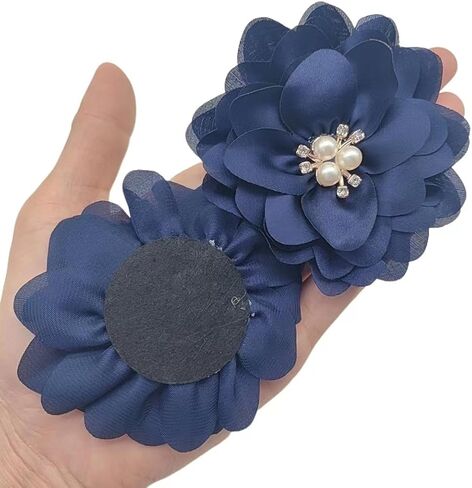 5pc Chiffon Flower Rhinestone Pearl Flat-Back Chiffon Flower Sewing Fabric Appliques for Craft Projects Headpiece Appliques 3Inch Navy Blue in Saudi Arabia