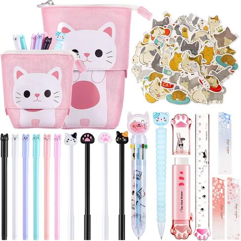 64 Pcs Cute Cat Stationery Set Kawaii Pop up Pencil Case 10 Pcs Gel Ink Pens 1 Multicolor Pen 45 Pcs Cat Stickers Eraser Pencil Sharpener Paw Ruler Telescopic Pencil and Refills for Girls Kids in Saudi Arabia