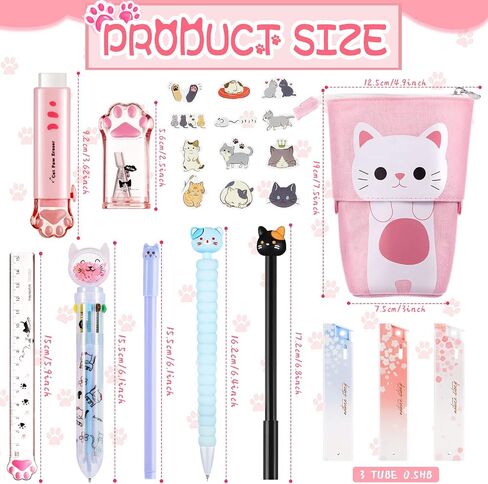 64 Pcs Cute Cat Stationery Set Kawaii Pop up Pencil Case 10 Pcs Gel Ink Pens 1 Multicolor Pen 45 Pcs Cat Stickers Eraser Pencil Sharpener Paw Ruler Telescopic Pencil and Refills for Girls Kids in Saudi Arabia