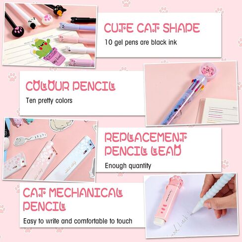 64 Pcs Cute Cat Stationery Set Kawaii Pop up Pencil Case 10 Pcs Gel Ink Pens 1 Multicolor Pen 45 Pcs Cat Stickers Eraser Pencil Sharpener Paw Ruler Telescopic Pencil and Refills for Girls Kids in Saudi Arabia