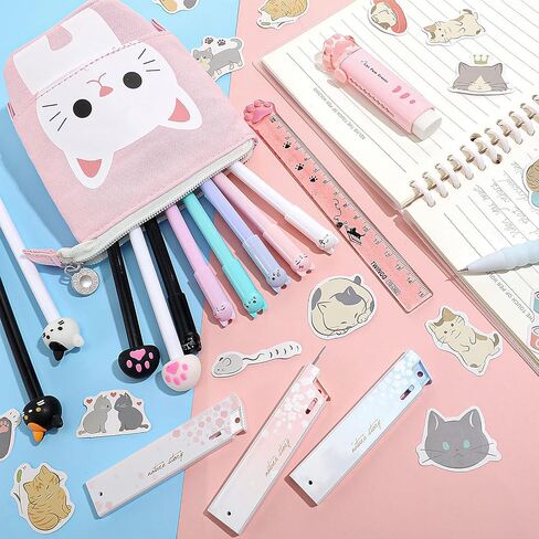 64 Pcs Cute Cat Stationery Set Kawaii Pop up Pencil Case 10 Pcs Gel Ink Pens 1 Multicolor Pen 45 Pcs Cat Stickers Eraser Pencil Sharpener Paw Ruler Telescopic Pencil and Refills for Girls Kids in Saudi Arabia