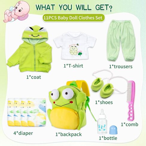 11 قطعة من ملابس دمى الأطفال حديثي الولادة مع مجموعة حفاضات حقيبة الظهر لدمى حديثي الولادة من 18 إلى 22 عامًا بتصميم الضفدع الأخضر اللطيف، ملابس الدمى والإكسسوارات in Kuwait