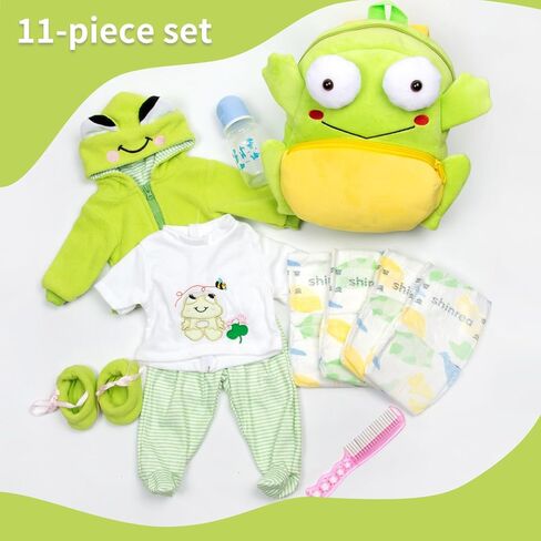 11 قطعة من ملابس دمى الأطفال حديثي الولادة مع مجموعة حفاضات حقيبة الظهر لدمى حديثي الولادة من 18 إلى 22 عامًا بتصميم الضفدع الأخضر اللطيف، ملابس الدمى والإكسسوارات in Kuwait